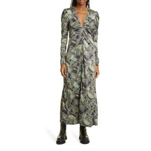 GANNI Printed Crinkled-Satin Maxi Dress